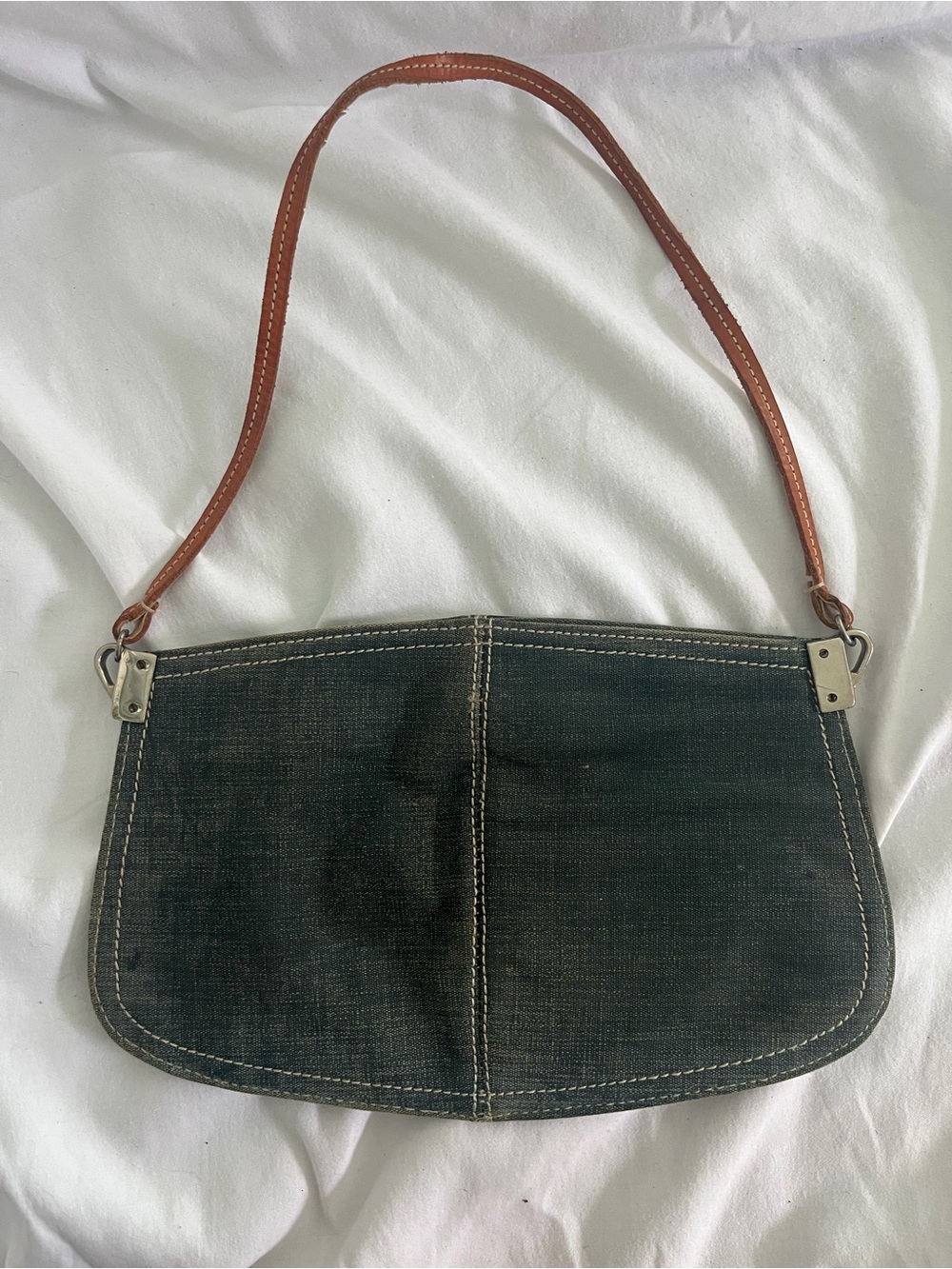 Women's Dark Denim Shoulder Bag with Brown Strap
